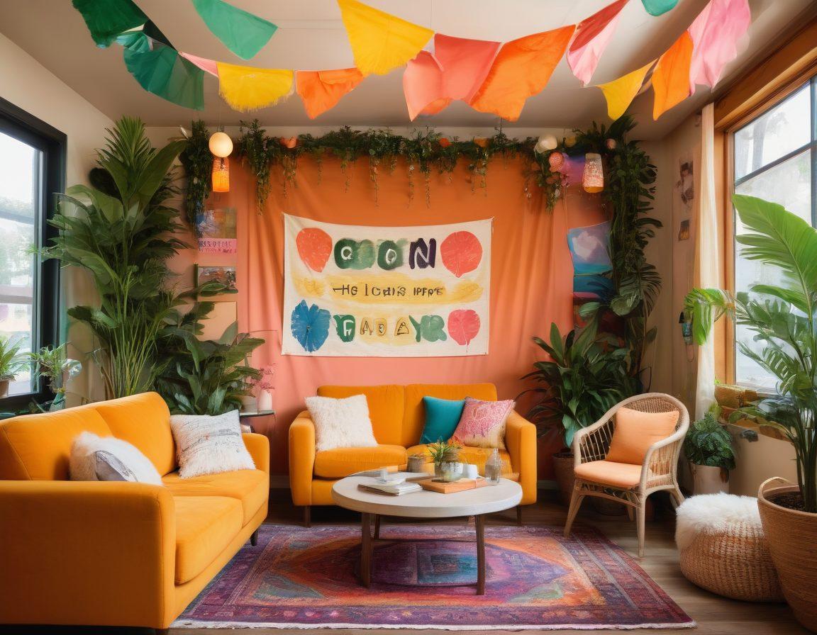 A welcoming community space filled with diverse individuals celebrating body positivity, sharing personal stories in a warm, inviting environment. Include elements like colorful banners of self-love quotes, a cozy seating area with plants, and joyful expressions on people's faces. Incorporate an aura of safety, acceptance, and connection among participants. vibrant colors. super-realistic. soft focus.