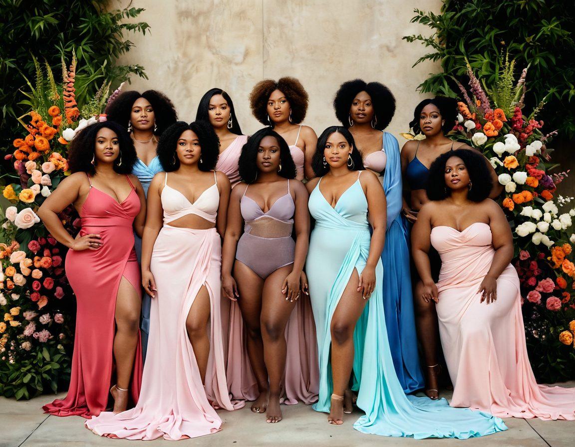 A diverse group of individuals of different body types and skin tones embracing body positivity, draped in sheer fabrics that suggest nudity while maintaining artistic elegance. They are posed in a natural setting, surrounded by vibrant flowers and soft flowing fabrics that represent beauty standards being redefined. The atmosphere is uplifting and empowering, capturing a sense of freedom and self-expression. pastel colors. super-realistic. natural lighting.